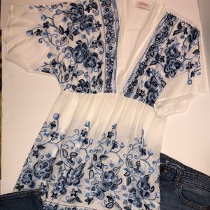 Long, tunic. White cotton; blue embroidery derail